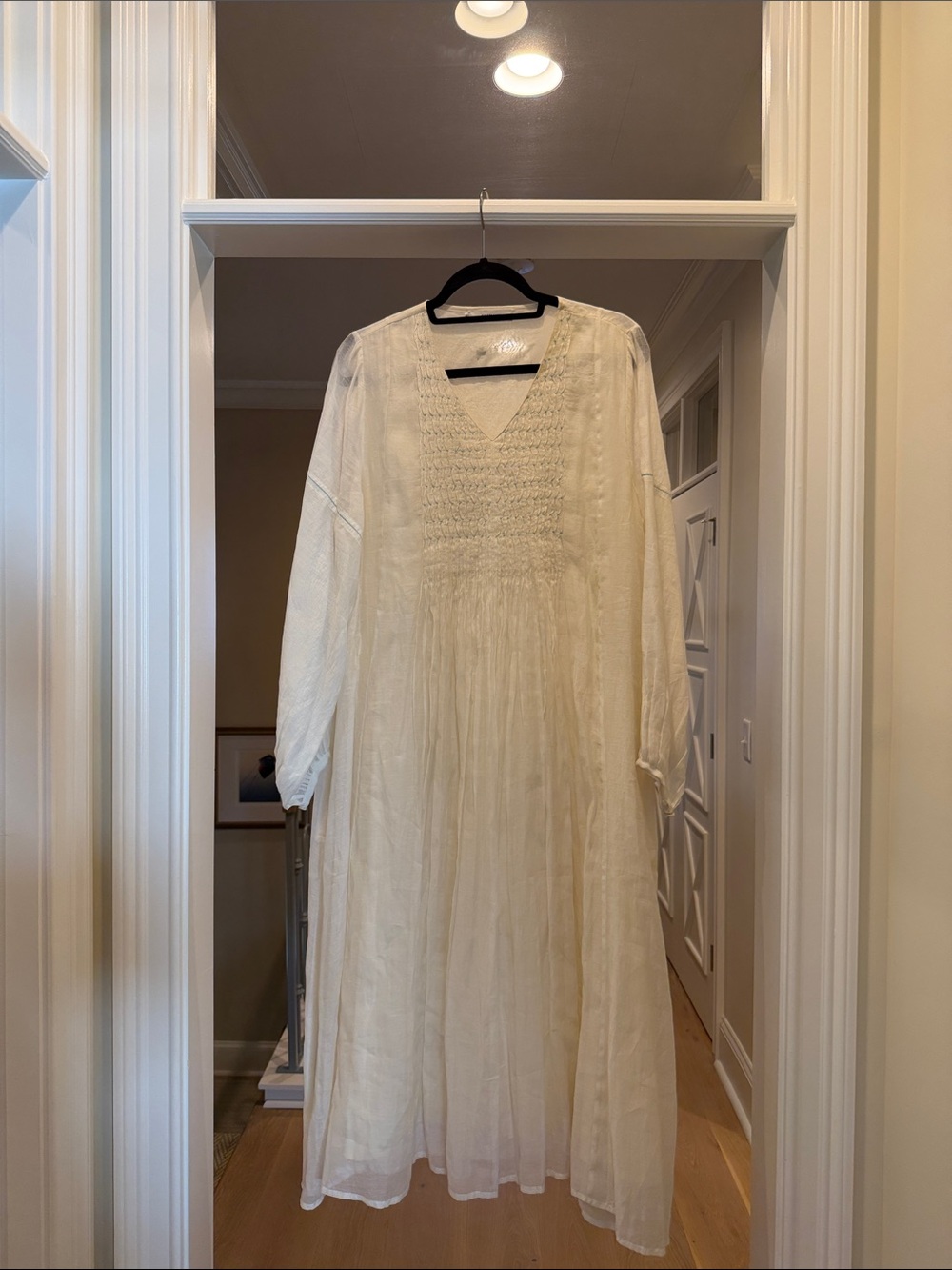 Chan Lou Light Cream cotton silk V-Neck Long Sleeve maxi Dress(bw)